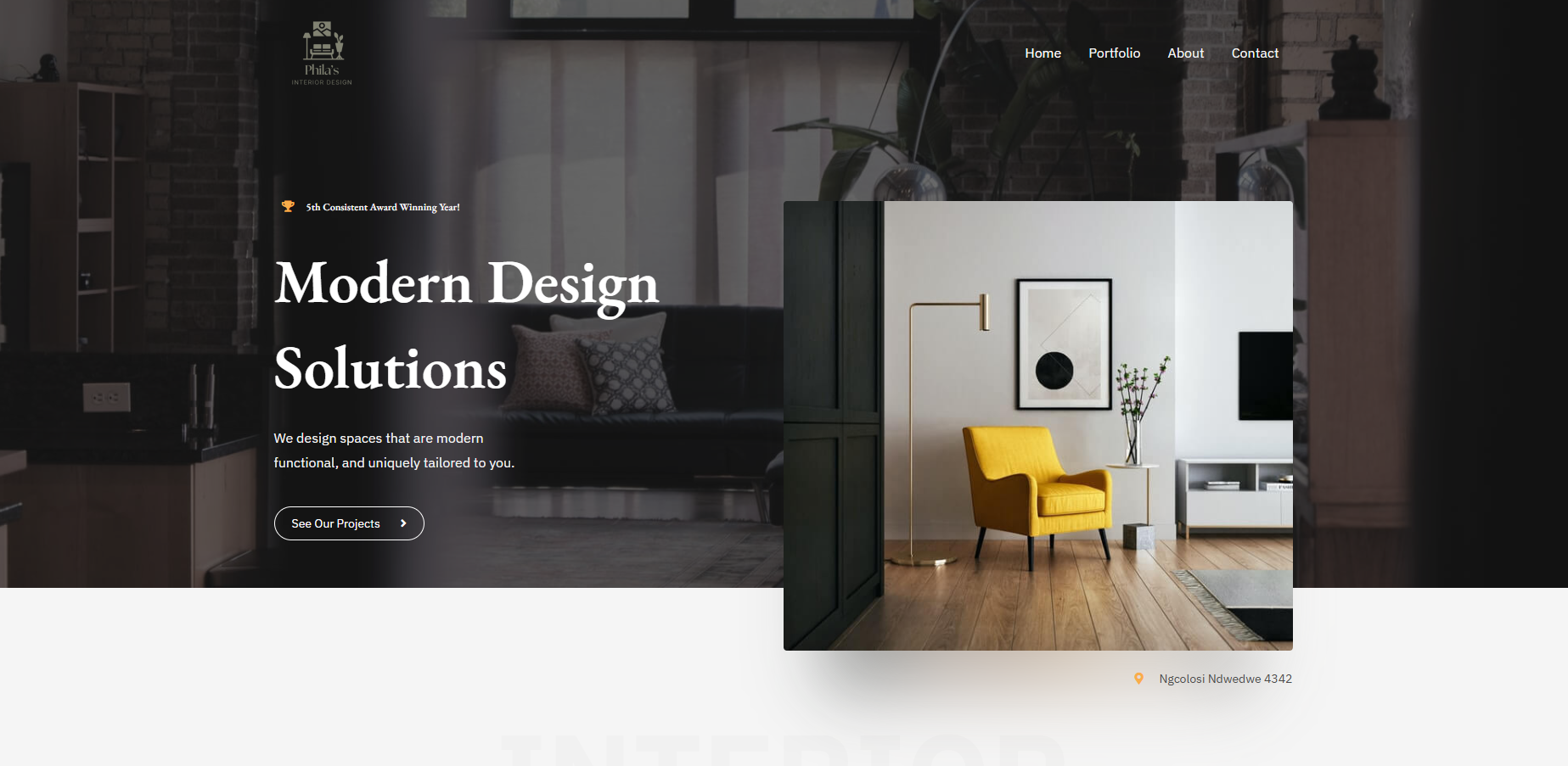 Phila's Interior Designs website showing a modern design solutions hero section